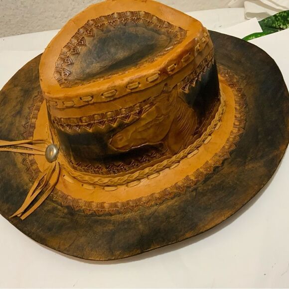 HAND-CRAFTED/TOOLED Cowhide Leather Cowboy/Trail/Riding Hat Horse Head Sz 9 - Picture 6 of 7